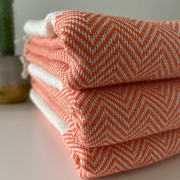 Orange Sofa Throw with Fine Herringbone Design, Cotton Throw Blanket , Sofa Blanket, Handwoven Throw, Throw Blanket