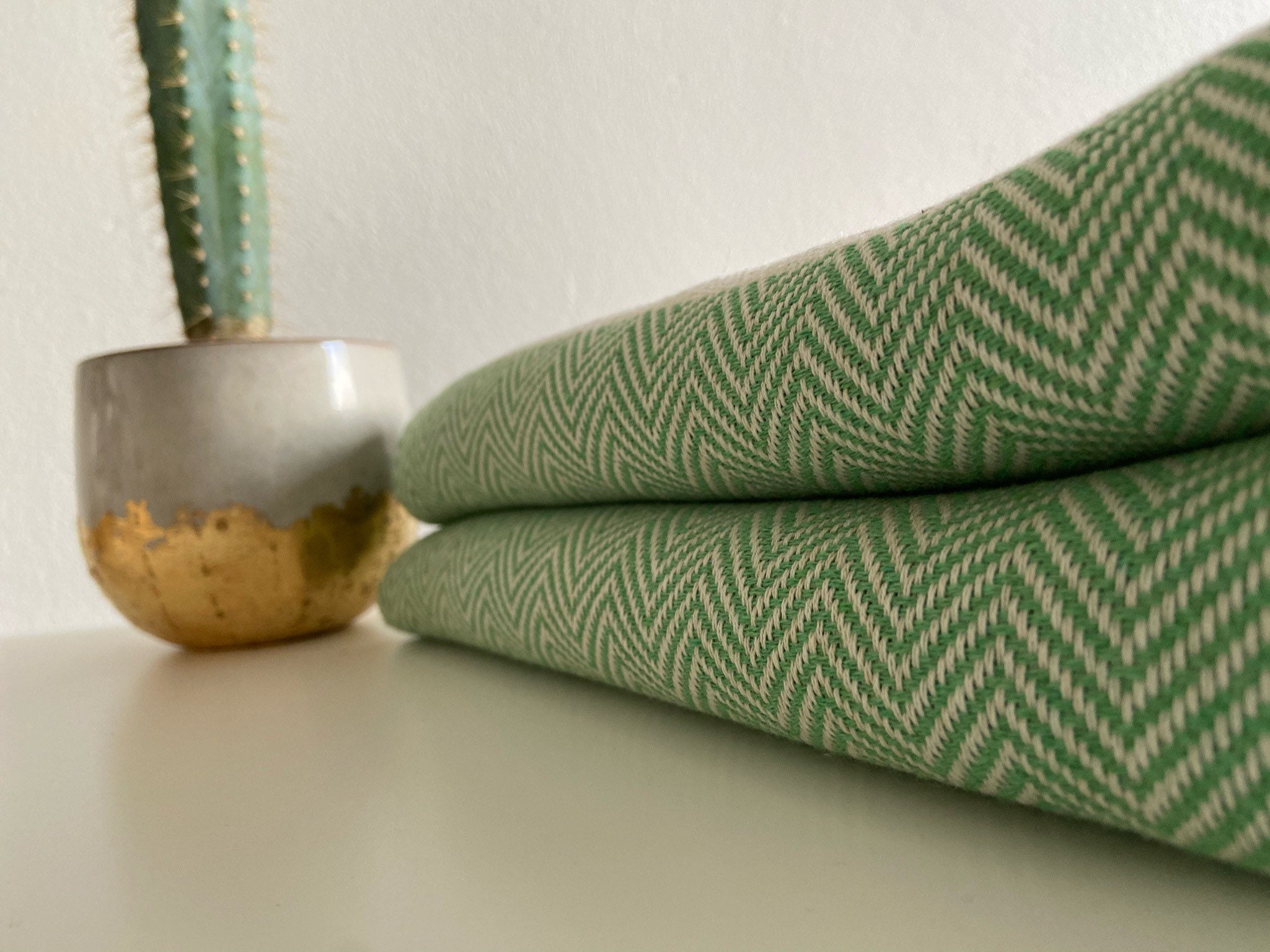 Green Sofa Throw With Fine Herringbone Design, Cotton Throw Blanket
