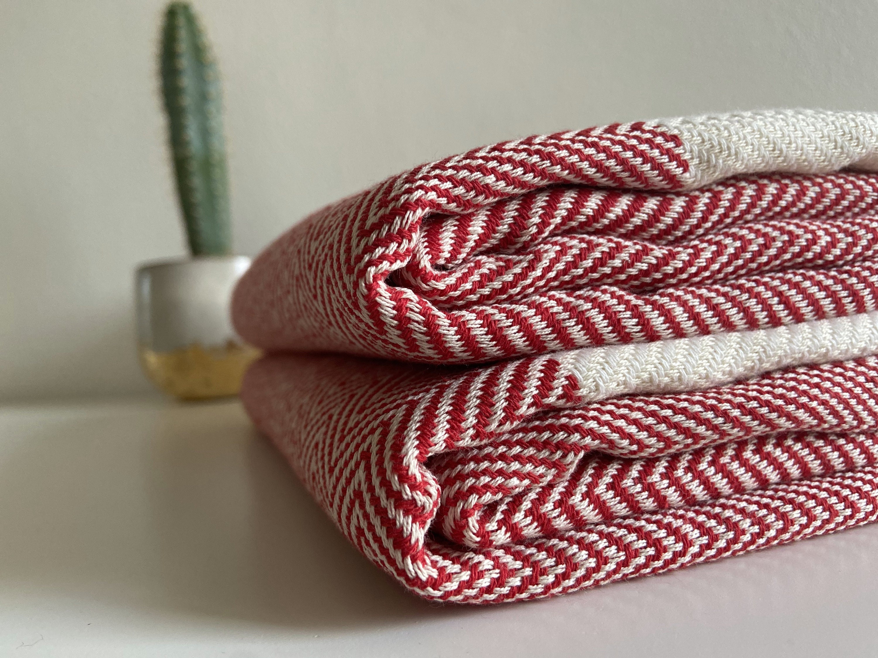 Red Sofa Throw With Fine Herringbone Design, Cotton Throw Blanket