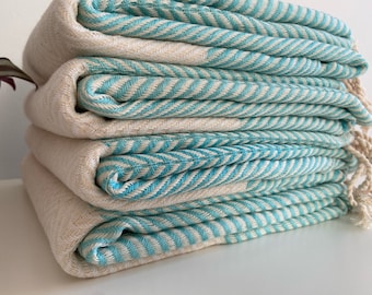 Light Turquoise Zigzag Cotton Throw: Hand-Finished Sofa Blanket Throw