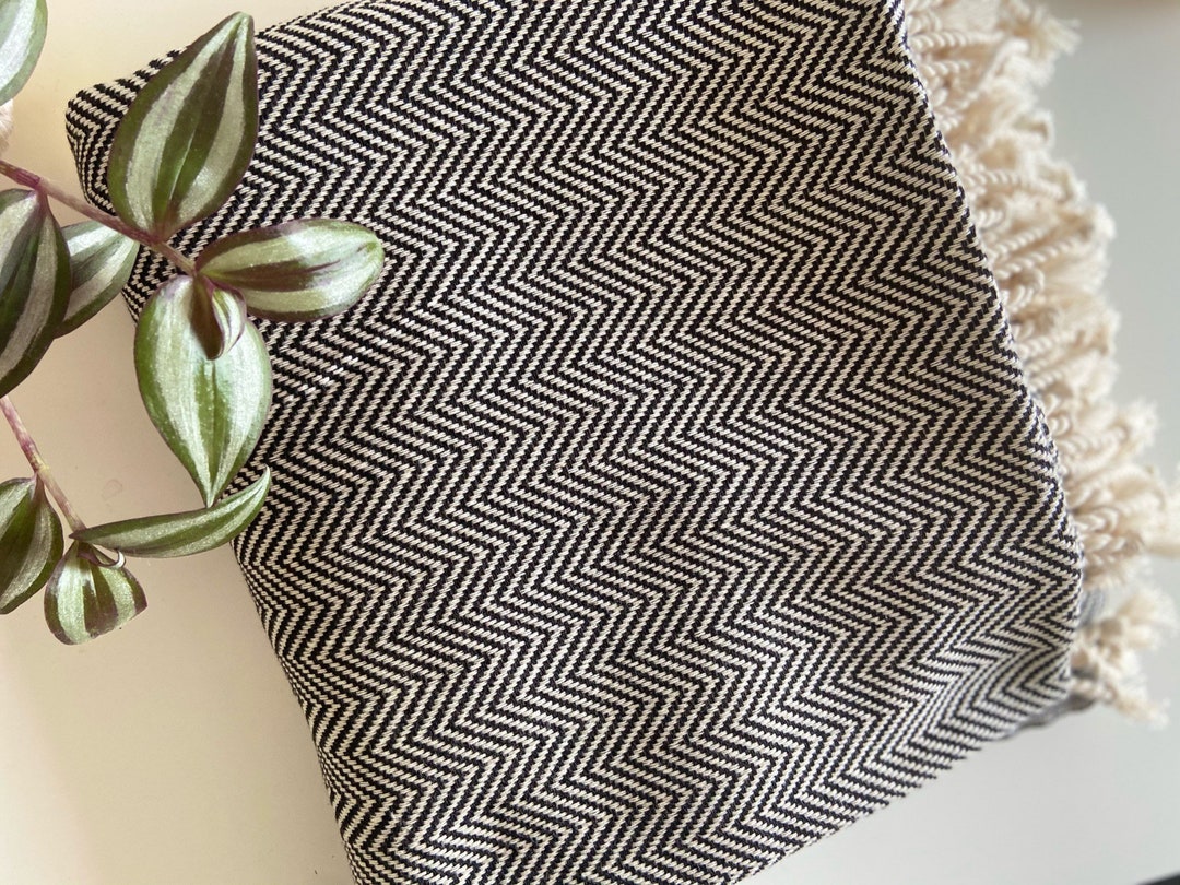Black Sofa Throw With Fine Herringbone Design, Cotton Throw Blanket