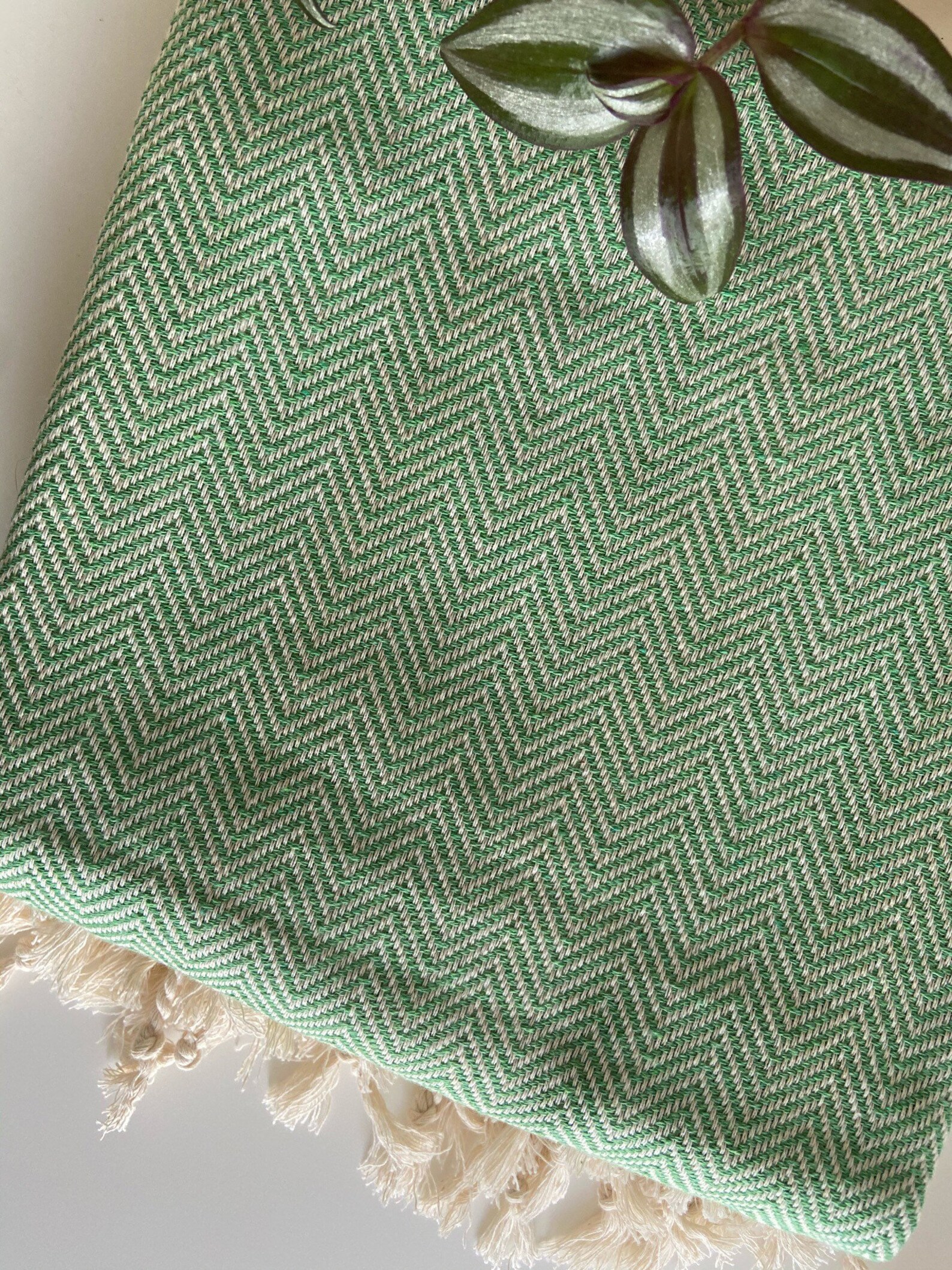 Green Sofa Throw With Fine Herringbone Design, Cotton Throw Blanket