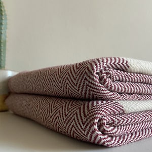 Burgundy Sofa Throw with Fine Herringbone Design, Cotton Throw Blanket , Sofa Blanket, Handwoven Throw, Throw Blanket