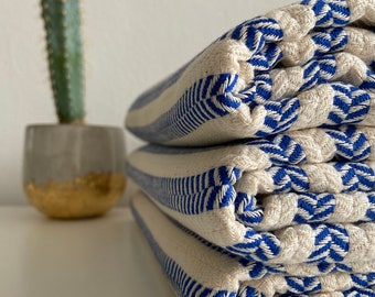 Blue Striped Cotton Sofa Throw, Throw Blanket, Turkish Towel