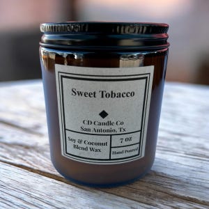 Sweet Tobacco  7 oz Pure Coconut soy wax Wood Wick Candle. 40 Hour burn time.