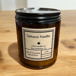 Tobacco  Vanilla 7 oz Pure Coconut soy wax Wood Wick Candle. 40 Hour burn time.