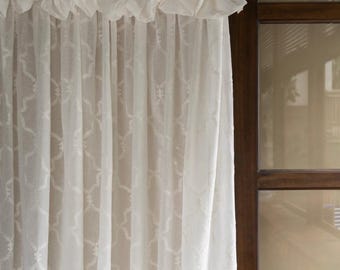 Ivory Embroidered Sheer Curtains, Ruffled Top Curtain Panels, Leaf Vine Pattern, One Panel