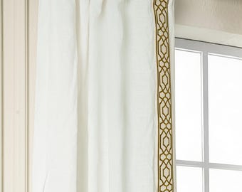 Cortinas de lino puro con ribete decorativo, panel a medida, forro translúcido o opaco.