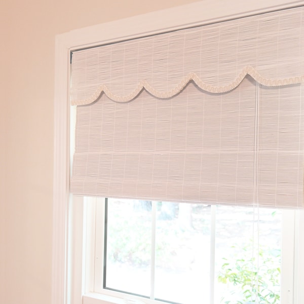 White Bamboo Shades with Scallop Valance, Bamboo Fold Up Shades, Designer Window Treatment, Made to order Window Covering