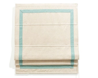 Custom Linen Blend Roman Shade with Turquoise Trim