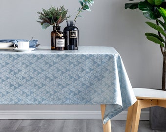 Wipe Clean Tablecloth Fabric Feel TPU Coating Triangle Tile Inspired Beige and Blue