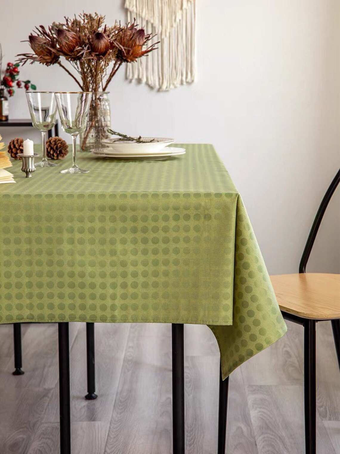 Wipe Clean Tablecloth TPU Cotton Linen Blend Green Polka Dot Etsy