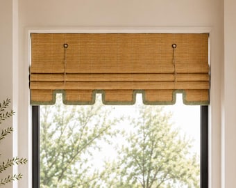 Persianas de bambú con ribete decorativo de greca / Estor romano de madera tejido a medida / Persianas de bambú de diseño para cocina y baño
