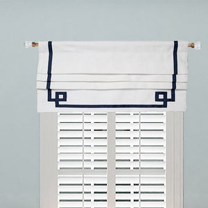 Greek Key Custom Blinds, Roman Shades, Valance, Faux Roman Shades, Gift that lasts, White and Black Custom Fabric Valance, Made to Order.
