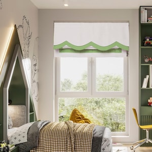 Nursery Room Scallop Roman Shades, Flat Fold Fabric Shades, Linen Blend Window Treatment, Made to order