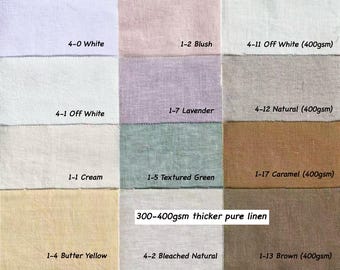Muestras de tela de lino puro más grueso, de 300 a 400 g/m², para cortinas y estores.