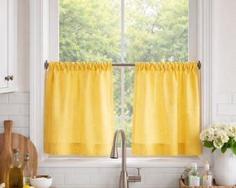 Cortinas de lino transparente para café, cortinas cortas de cocina con rayas doradas y azules.