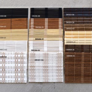 Bamboo Swatches, White Bamboo Blinds, Natural material, Roll-up or Fold-up window treatment, and Linings are available to add.