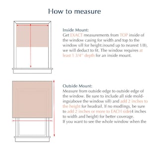 May include: An instructional diagram titled How to measure showing two window illustrations. The top shows an inside mount with red arrows and text explaining to measure the top inside casing. The bottom shows an outside mount with red arrows.