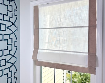 Wide Side Trim Roman Shades, Custom Fabric Modern Shades, Kitchen Bathroom Window Treatment, Made to order Window Covering