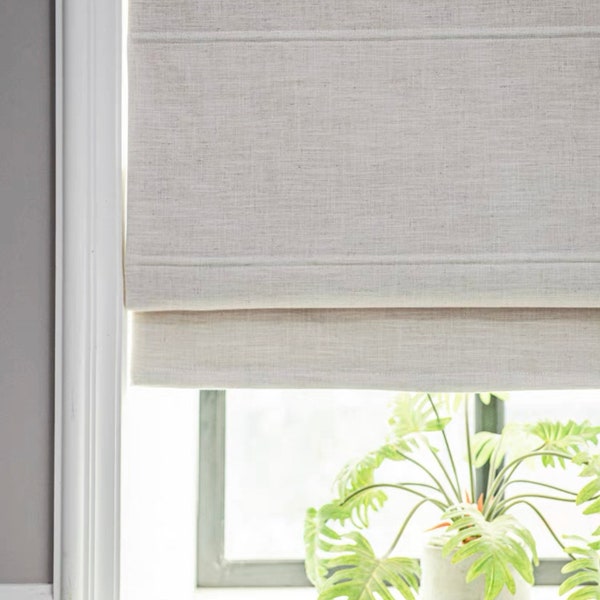 White Linen Texture Custom Roman Shades, Flat Fold Modern Designer Fabric Shades, Linen Window Treatment, Made to order