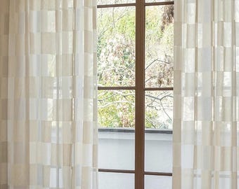 White Plaid Sheer Linen Curtain, Natural Textured Light Filtering Custom Drapes, European Flax Soft Glow Window Treatment