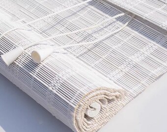 White Bamboo Shades,Bamboo Roll Up Corded Shades,Kitchen Window Treatment, Made to order Window Covering