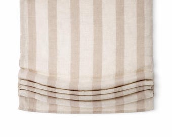 Persianas romanas personalizadas de lino y algodón con rayas anchas y pliegues suaves, ideales para cuartos infantiles, cocinas y baños.