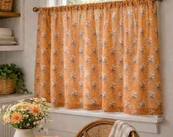 Cortinas transparentes con estampado floral para café, cortinas estilo rústico con margaritas para ventanas.