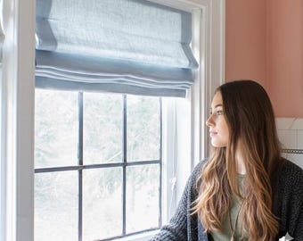Baby Blue Linen Roman Shade: Custom Flat Fold Window Treatment