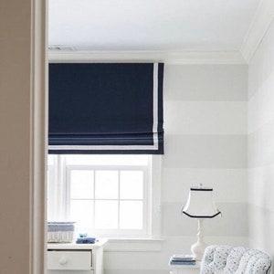 Colored Trim Roman Shades, Navy Blue Custom Fabric Modern Shades, Kitchen Window Treatment, Made to order Window Covering