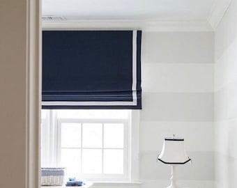 Colored Trim Roman Shades, Navy Blue Custom Fabric Modern Shades, Kitchen Window Treatment, Made to order Window Covering