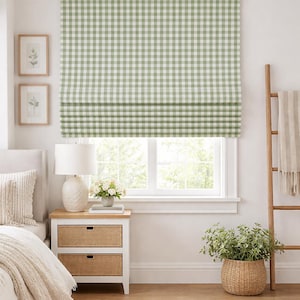 Gingham-vouwgordijn, geruite saliegroen linnen raambekleding, op maat gemaakt