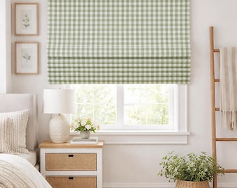 Gingham Roman Shades, 100% Cotton Plaid Sage Green Window Treatment, Custom Made