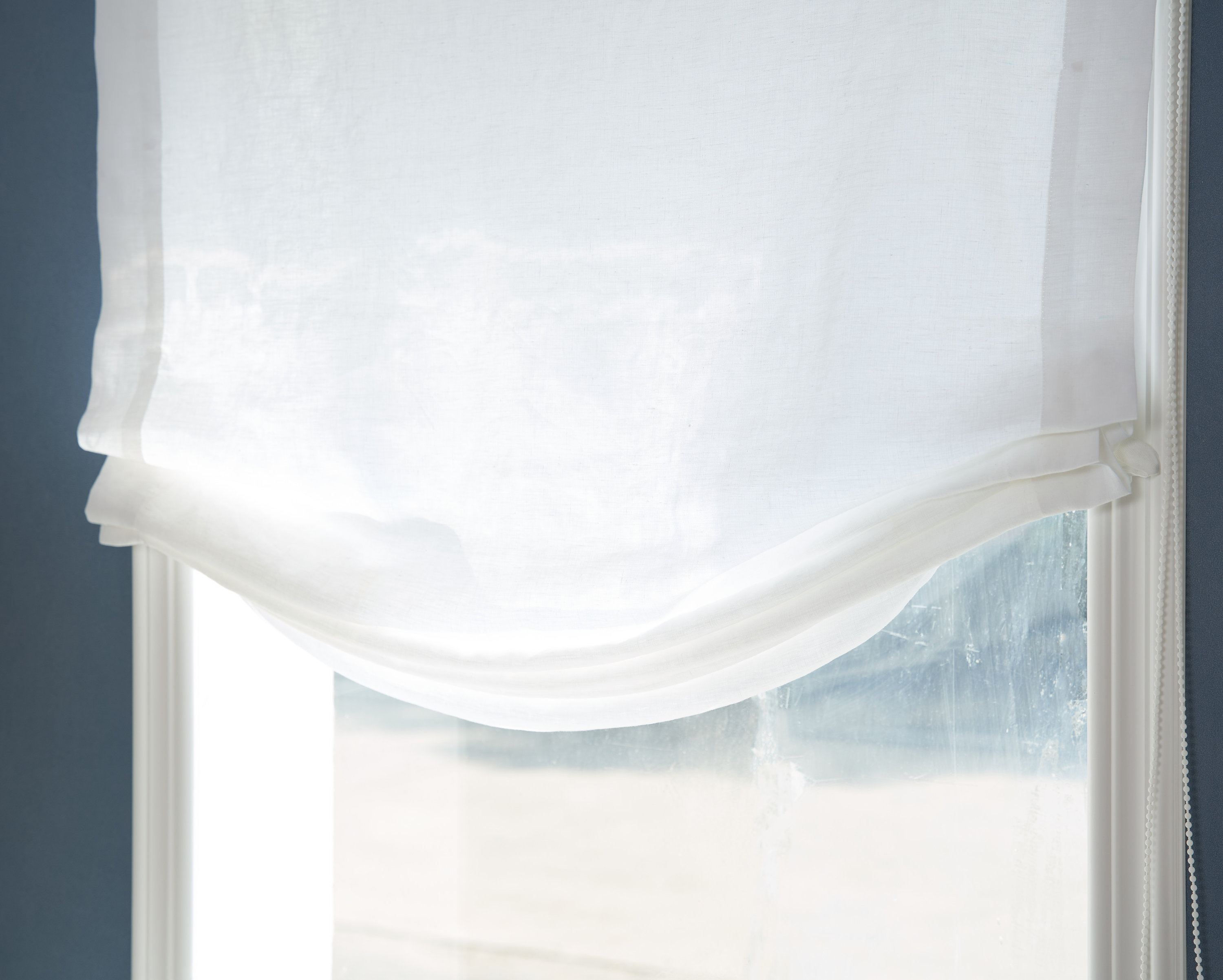 Custom White Linen Relaxed Roman Shade: Lightweight Fabric Blind
