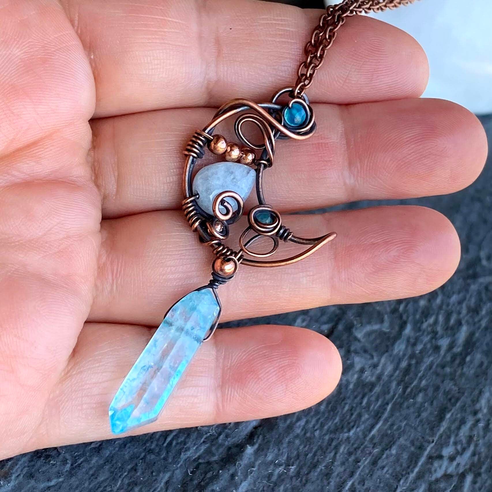 Crystal Moon Necklace Aquamarine Wire Wrapped, Crescent Moon