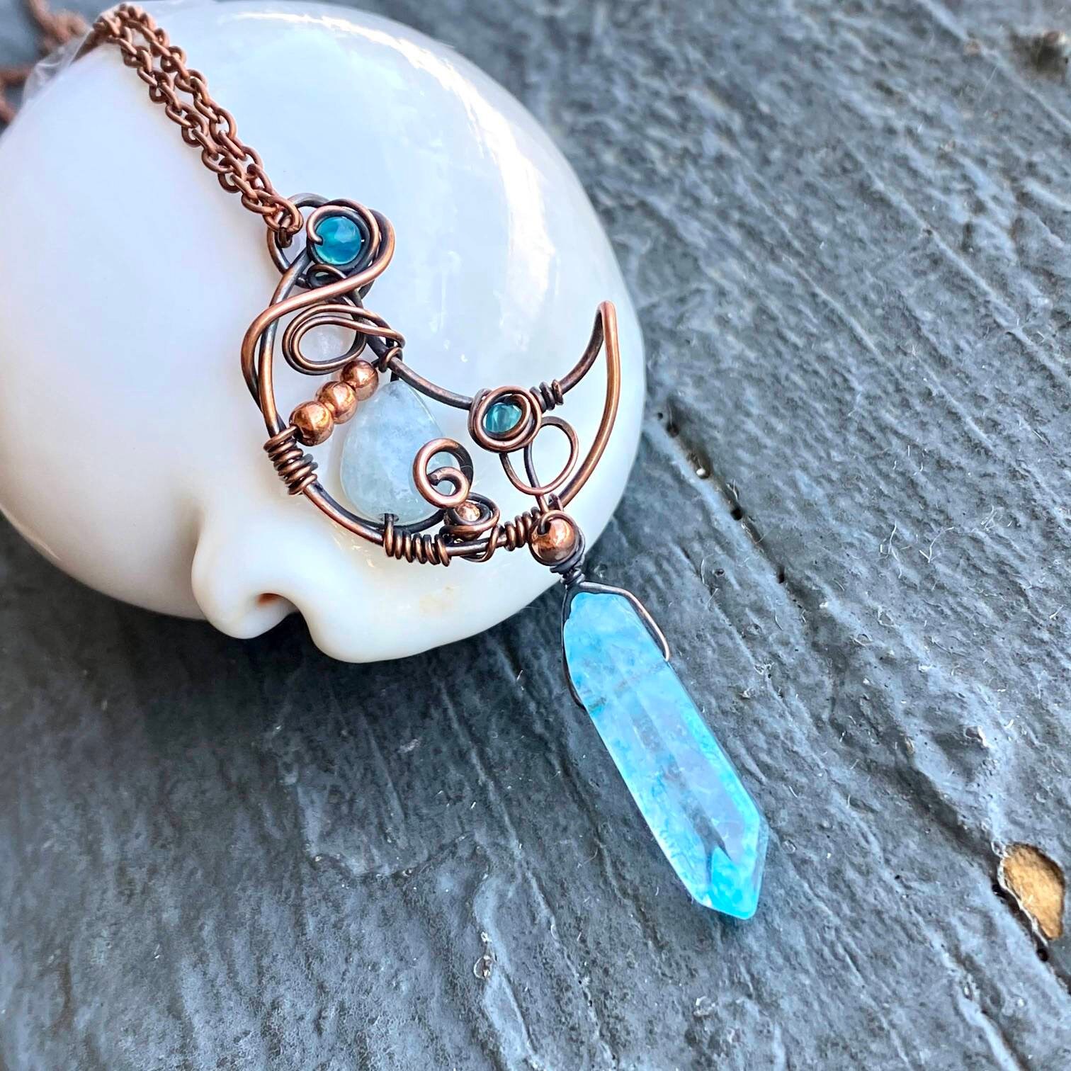 Crystal Moon Necklace Aquamarine Wire Wrapped, Crescent Moon