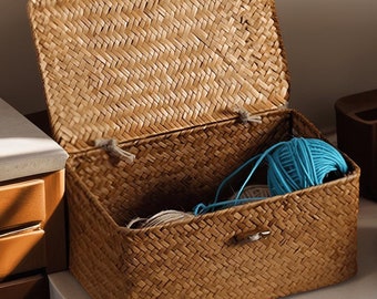Multicolor straw woven basket with lid, Square storage box, Utility basket, Jewelry box