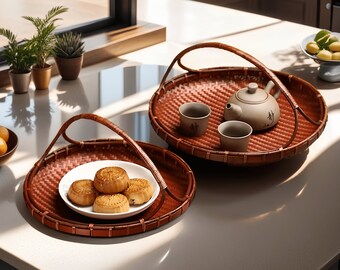 Hand woven storage basket,round bamboo basket,bamboo platter tray with handle, desktop bamboo storage tray