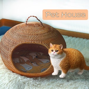 Handmade rattan cat and dog beds with handles,adorable cat house,cat house with cushion,kitten bed pet bed cat bed small dog bed