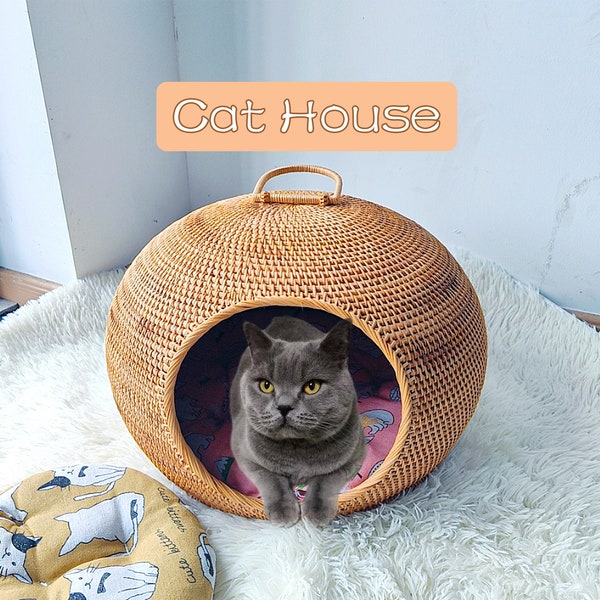 Custom size rattan cat and dog beds with handles,animal house,cat house with cushion,kitten bed pet bed cat bed small dog bed