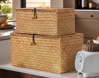 Straw box straw weaving basket housewarming decor vintage storage lidded basket