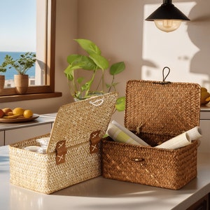 Multicolor straw woven basket with lid, Square storage box, Utility basket, Jewelry box