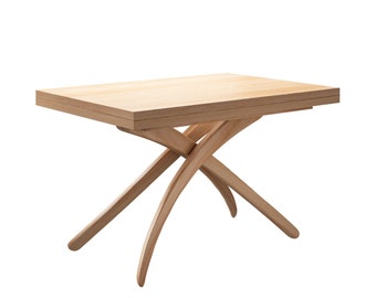 Transformador hecho a medida 4 en 1 mesa de comedor/café/cena/té, mesa de madera natural expandible de altura ajustable