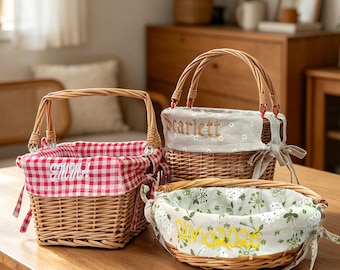 Personalized rustic handwoven willow picnic basket with detachable embroidered liner and swinging handle for camping trip,gift for couple