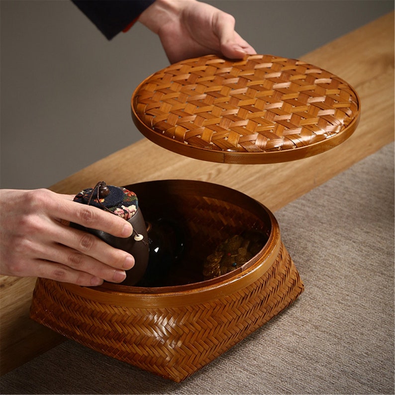 Woven Storage Bamboo Basket Round Bamboo Basket With Lid Etsy