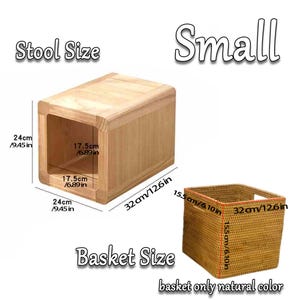 May include: A wooden stool with a woven basket inside. The stool measures 12.6 inches by 6.1 inches by 6.1 inches. The basket is 12.6 inches by 6.1 inches by 6.1 inches. The text "Small" is written in large letters above the stool and basket. The text "Stool Size" and "Basket Size" are written below the stool and basket, respectively. The text "basket only natural color" is written below the basket.
