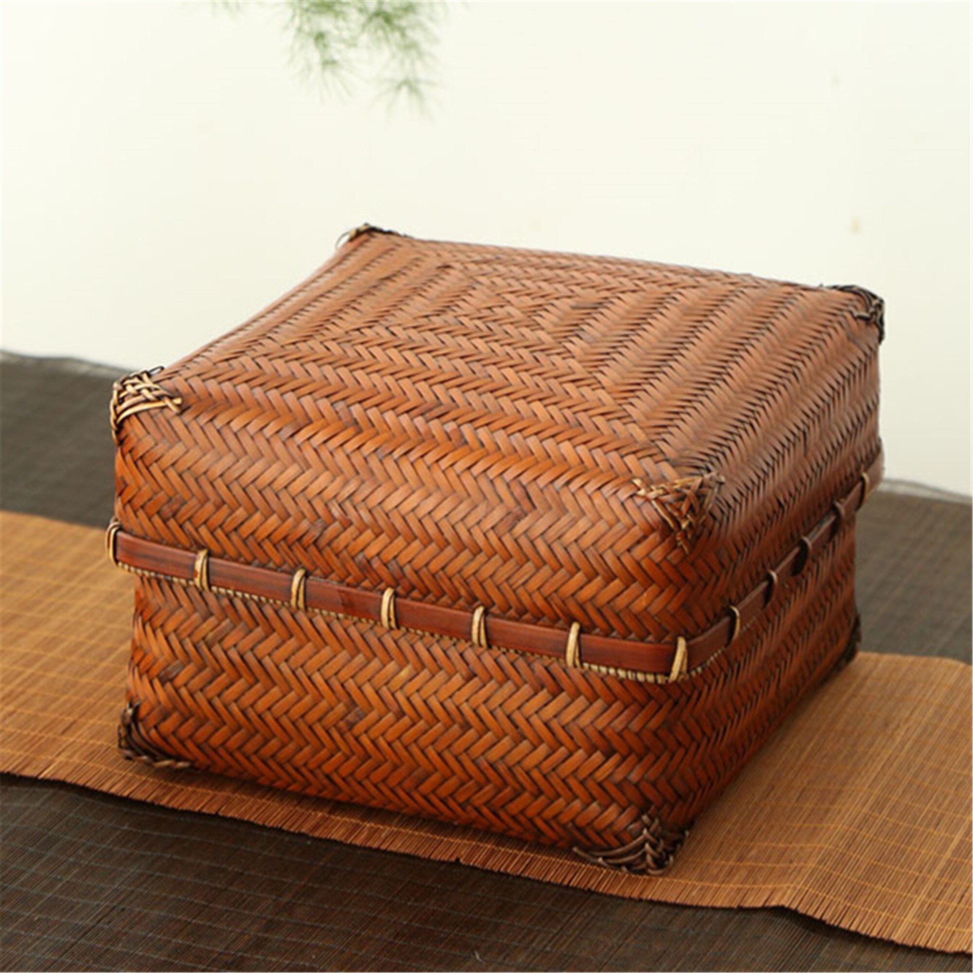 Woven storage basket square bamboo basket with lid bamboo box Etsy