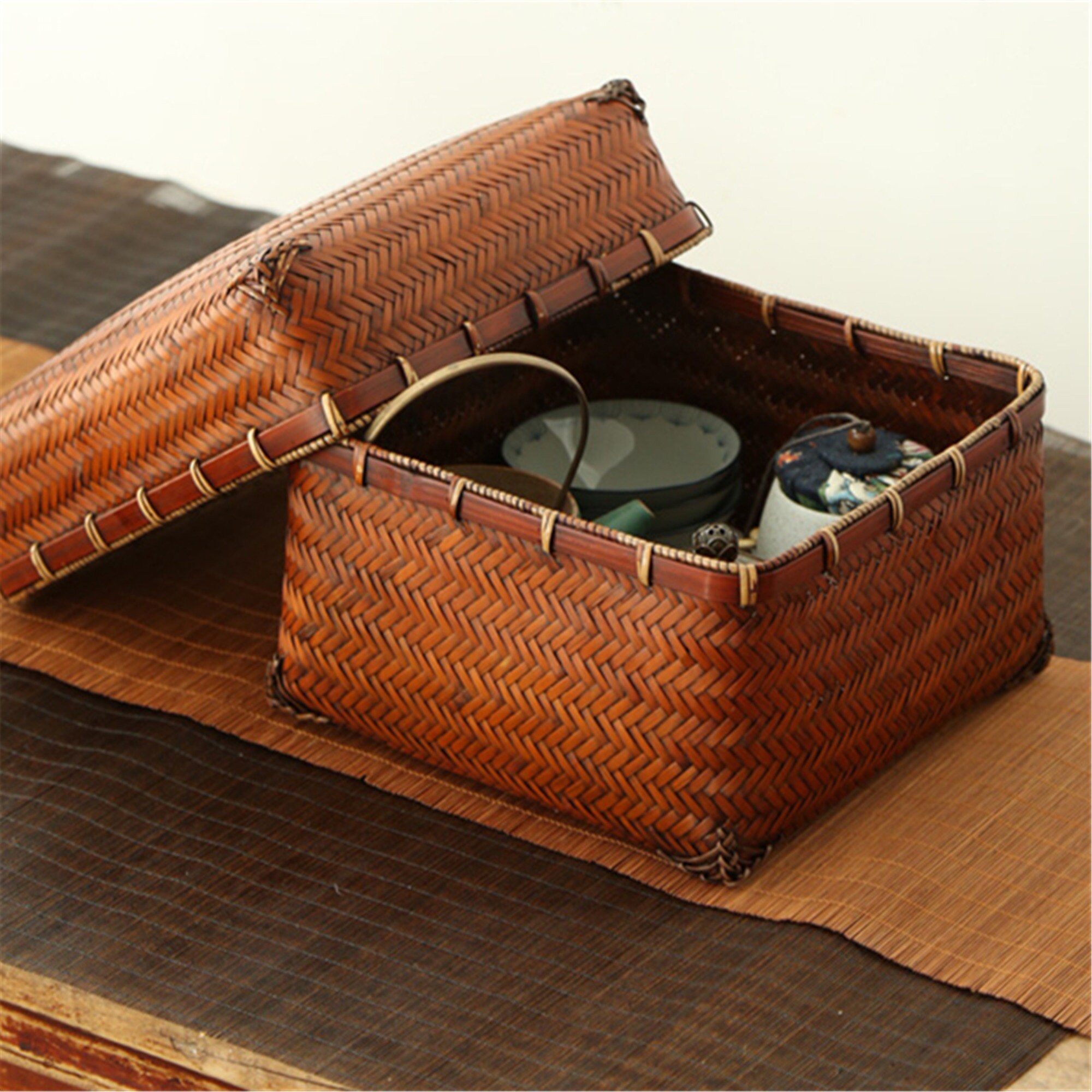 Woven storage basket square bamboo basket with lid bamboo box Etsy