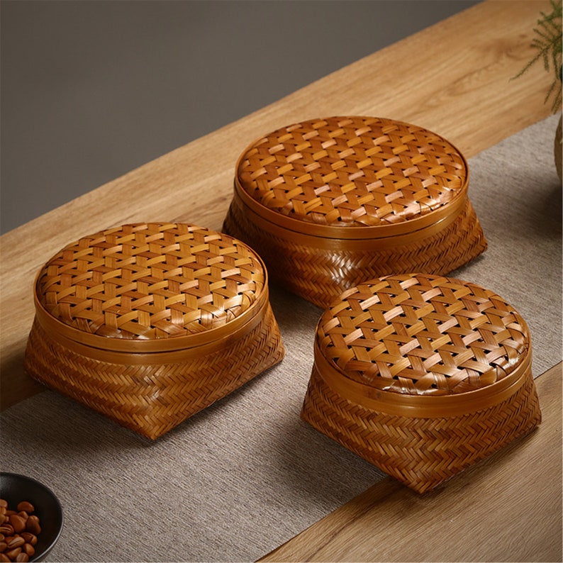 Woven Storage Bamboo Basket Round Bamboo Basket With Lid Etsy